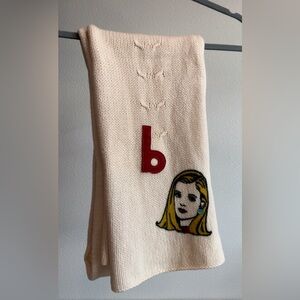Vintage Gap Monogramed Girl with Jewel Earring Cartoon Cream Wool Scarf